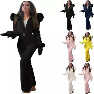 주오엘 여성 원피스 스키복 방수 방풍 스노우슈트 겨울 야외 스포츠 점프슈트 모피 칼라 코트