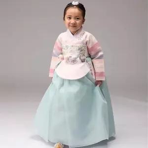 여아 아동한복 연아색동 분홍당의+날개민트치마+브로찌