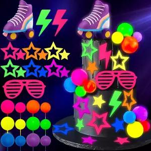 28 PCS 글로우 볼 케이크 토퍼 80년대 90년대 세트 스타 롤러 스케이트 안경과 라이트닝 데코 레트로