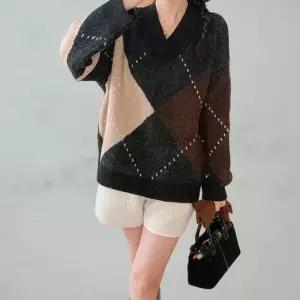 여성 빅 오버사이즈 아가일 브이넥 배색 니트