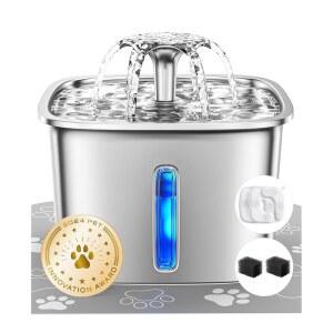 베켄 이노베이션 어워드 수상자 스테인리스 스틸 고양이 분수, 교체 필터 및 실리콘 매트가 장착된 95온스/2.8리터 자동 반려동물 분수 개 물 디스펜서, 고양이, 개를 위한 선물(실버)