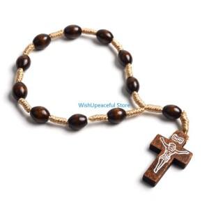 천주교 크로스 묵주 팔찌 나무 구슬 34ya 미니 가톨릭 침례 손가락