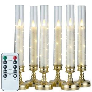 리모컨과 타이머가 장착된 6개의 불 없는 양초, 별 끈이 내장된 깜빡이는 LED 로맨틱 결혼식 홈 테이블 창문 침실 실내용 골드 배터리 회전 양초 데코