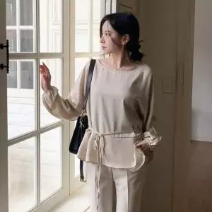 [다잇템] 여성 스트랩 블라우스 U넥 빅사이즈 새틴 레이어드