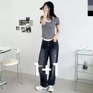 블레오 여자 배색 레이어드 반팔 티셔츠 (1+1) DM2512161600