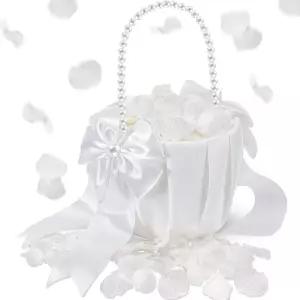 징모어 1세트 웨딩 플라워 걸 바구니 및 리얼 꽃잎 세트 보리 진주 손잡이 진정한 건조 수국 포함 브라이덜