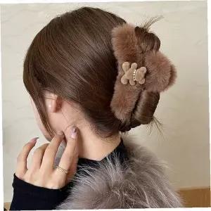 가을 겨울 여성 헤어 업스타일 곰 모양 인조 퍼 소재 집게 클립 반묶음 올림