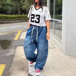 여성 빅카고 맥시 와이드 뒷단추 워싱 밴딩 스타일 청바지