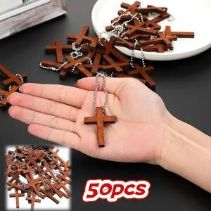 미니 소형 나무 십자가 펜던트  기독교 장식품  부활절 선물  장식 세트 50개 + 구슬 체인