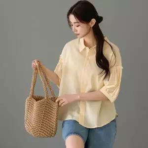 여성 레이온 혼합 소매 러플 반팔 블라우스 심플 디자인