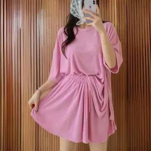 여성용 여름 슬릿 반팔티와 빅사이즈 테리 반바지 세트