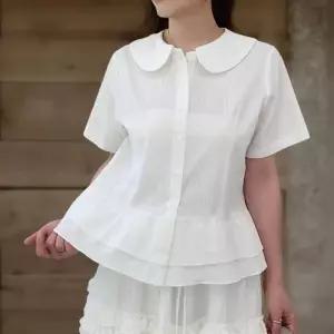 여성 프릴 소매 여름 반팔 블라우스 둥근 카라 패턴