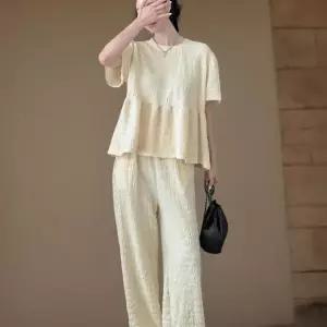 여성 프릴 반팔 티셔츠와 와이드 팬츠 세트 노란색