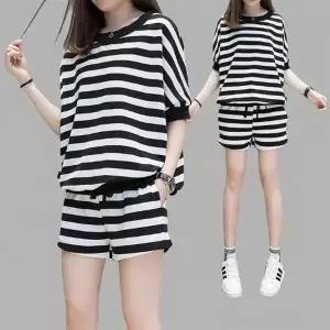 여성용 루즈핏 스트라이프 반팔 티셔츠와 반바지 세트
