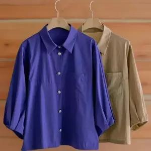 여성 나일론 스판 기본 벌룬 소매 핀턱 블라우스