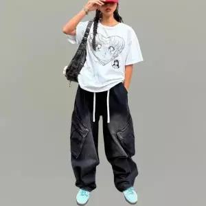 여성 빅 카고 맥시 와이드 뒷단추 워싱 밴딩 힙한 청바지