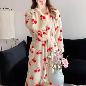 커플 잠옷세트 겨울 도톰한 융털 체리 스트랩 원턱 잠옷 긴팔 가운 MODU4