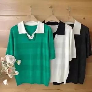 여성 비스코스 카라 단추 리브 반팔 니트 스트라이프