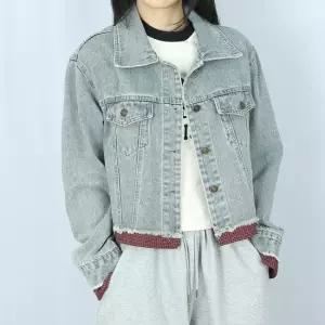 데님 체크 레이어드 크롭 청 자켓 )