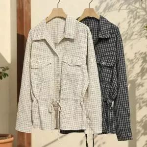 [하프클럽/]여자 클래식 면혼방 잔주름 격자 패턴 셔츠