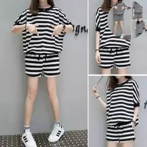 반팔티셔츠 라운드넥 스트라이프 반팔 반바지 세트 URD-525