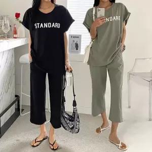 여성 여름 레터링 면 롤업 반팔 롱티셔츠 밴딩 바지 트레이닝 세트 츄리닝 PST0390S 빅사이즈 루즈핏