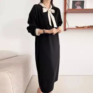 여성 봄 가을 배색 타이 긴팔 롱 원피스 하객룩 오피스룩 OP0466S 빅사이즈 루즈핏