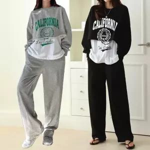 여성 봄 가을 3피스 면 긴팔 크롭티 반팔티 와이드팬츠 트레이닝 세트 PST0192S 빅사이즈 루즈핏