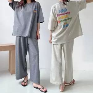 여성 봄 여름 99까지 면 반팔 롱 티셔츠 밴딩 바지 트레이닝 세트 홈웨어 츄리닝 PST0064S 빅사이즈 루즈핏