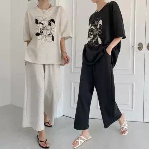 여성 봄 여름 플라워 면 반팔 롱티셔츠 와이드팬츠 트레이닝 세트 PST0386S 빅사이즈 루즈핏