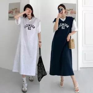 여성 봄 여름 면 브이넥 레이어드 조끼 롱 원피스 OP0479S 빅사이즈 루즈핏