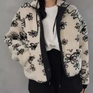 여성 크롭핏 꽃무늬 뽀글이 양면 플리스 자켓