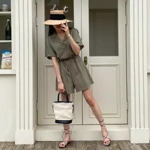 여성 허리끈조절 카라 반팔 점프수트 휴가룩 바캉스룩 점프슈트 -WJS0012- 여름