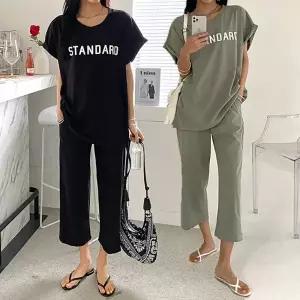 여성 레터링 면 롤업 반팔 롱티셔츠 밴딩 바지 트레이닝 세트 츄리닝 -WPST0390- 여름