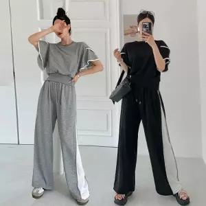 여성 면 무지 날개 배색 반팔 티셔츠 밴딩 와이드 팬츠 트레이닝 세트 츄리닝 투피스 셋업 -WPST0397- 여름