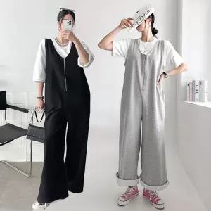 여성 면 무지 브이넥 지퍼 와이드 점프수트 아노락 멜빵 점프슈트 -WJS0029- 봄 여름