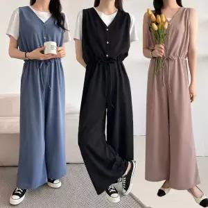 여성 허리 스트링 브이넥 단추 나시 점프수트 점프슈트 -WJS0027- 봄 여름