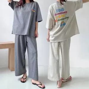여성 99까지 면 반팔 롱 티셔츠 밴딩 바지 트레이닝 세트 홈웨어 츄리닝 -WPST0064- 봄 여름
