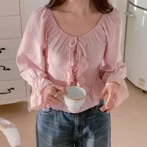 여성 러블리 셔링 리본 프릴 스모크 블라우스 긴팔 하객룩 -WBL0038- 봄 가을