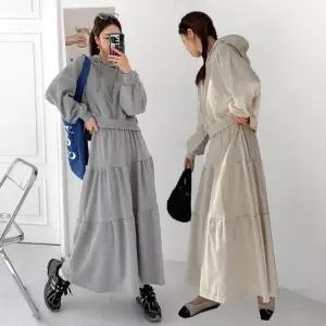여성 77까지 면 무지 후드티 플레어 캉캉 롱스커트 세트 츄리닝 트레이닝 투피스 셋업 -WPST0238- 봄 가을