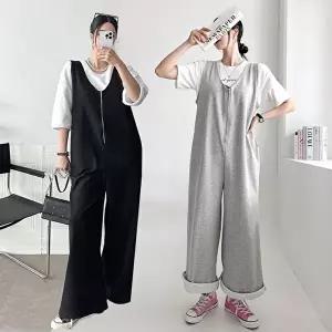 [유야]여성 면 무지 브이넥 지퍼 와이드 점프수트 SJS0029 봄 여름