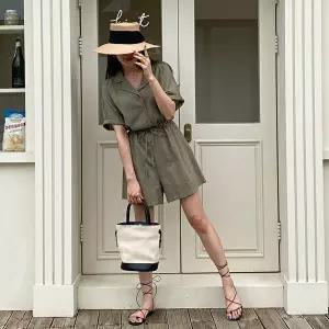 [유야]여성 허리끈조절 카라 반팔 점프수트 SJS0012 여름