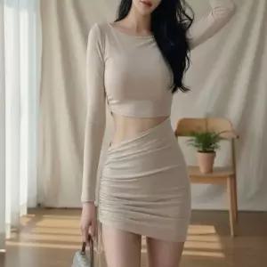 [옷자락]여성 보트넥 긴팔 셔링 허리트임 미니 원피스