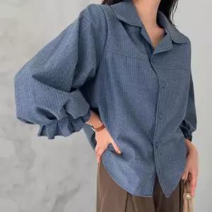 여성 퍼프 소매 7부 프릴 엠보 가을 하객룩 셔츠 블라우스