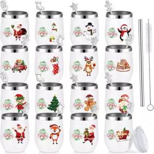 Sliner 16개 크리스마스 재미있는 와인 텀블러 스푼 세트 12온스 스테인리스 스틸 텀블러와 빨대 브러쉬