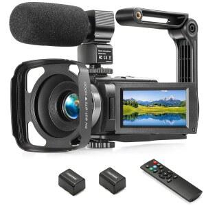 캠코더 fhd 1080p 비디오 카메라, 유튜브용, 30fps 36mp 3.0인치 270도 회전 lcd, 초보자용 16x 디지털 줌 블로깅 배터리 마이크 2개, 리모컨, 스태빌라이저, 렌즈 후드