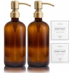 바인 크리에이션 앰버 유리 비누 디스펜서, 스테인리스 스틸 펌프가 포함된 2팩 주방 방수 라벨이 있는 욕실용 식기 및 핸드 디스펜서 16온스