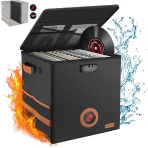 잠금장치가 있는 빈티지 비닐 레코드 보관함 방화 및 방수 LP 100개 이상의 접이식 스태킹 가능한 앨범