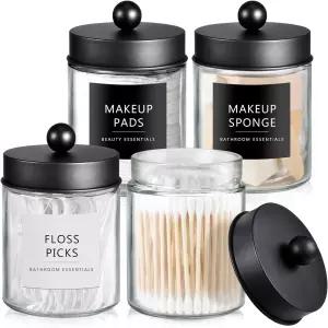 시충 큐팁 디스펜서 홀더 4개 스테인리스 스틸 뚜껑 스티커가 있는 유리 약병 면봉/볼용 조리대 캐니스터