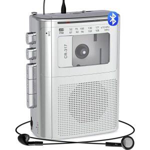 블루투스 송신기가 장착된 Gracioso 블루투스 카세트 플레이어 레코더, 대형 스피커가 장착된 AM FM 카세트 플레이어, 3.5mm 헤드폰 잭, 마이크 잭, 가정용 2*AA 배터리 작동